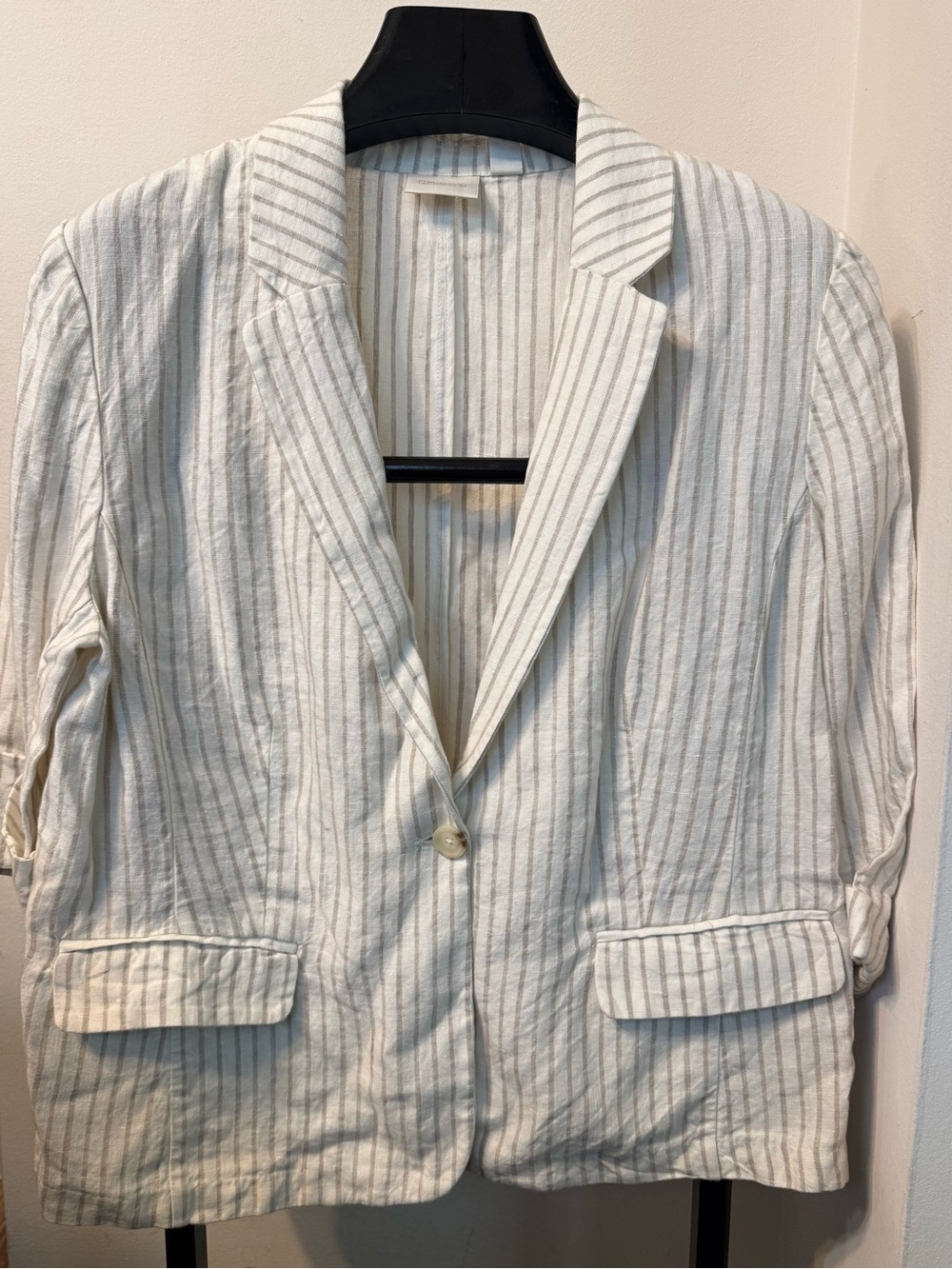 NWT Chicos Womens Linen Blazer Cream Striped 3/4 Sleeve Size 3  Xl $129